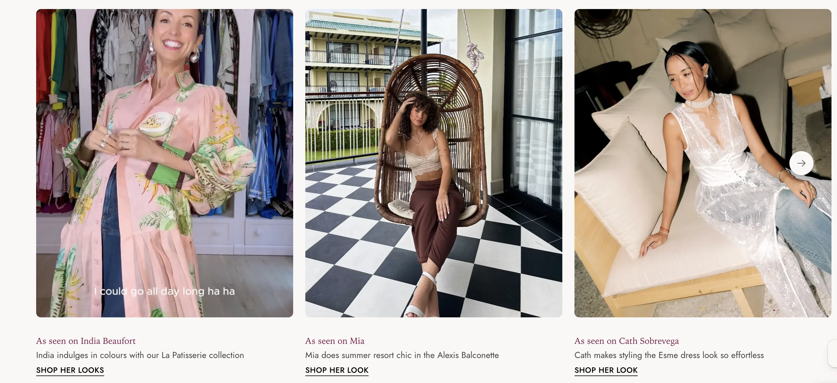 The shoppable Instagram feed on the perkbykate.com homepage, with posts from creators and Shop her look links