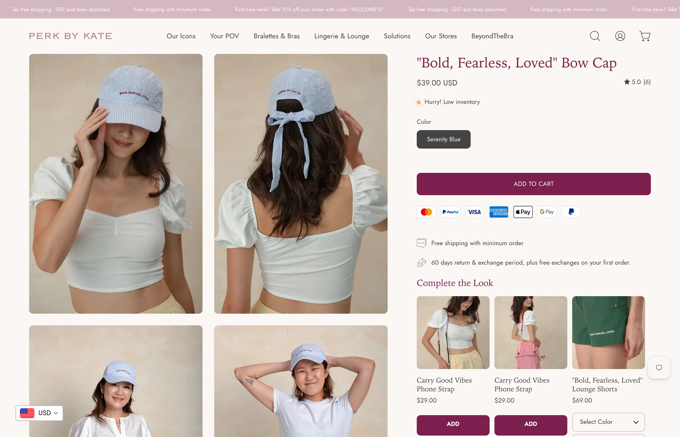 The Bold, Fearless, Loved Bow Cap product page on perkbykate.com