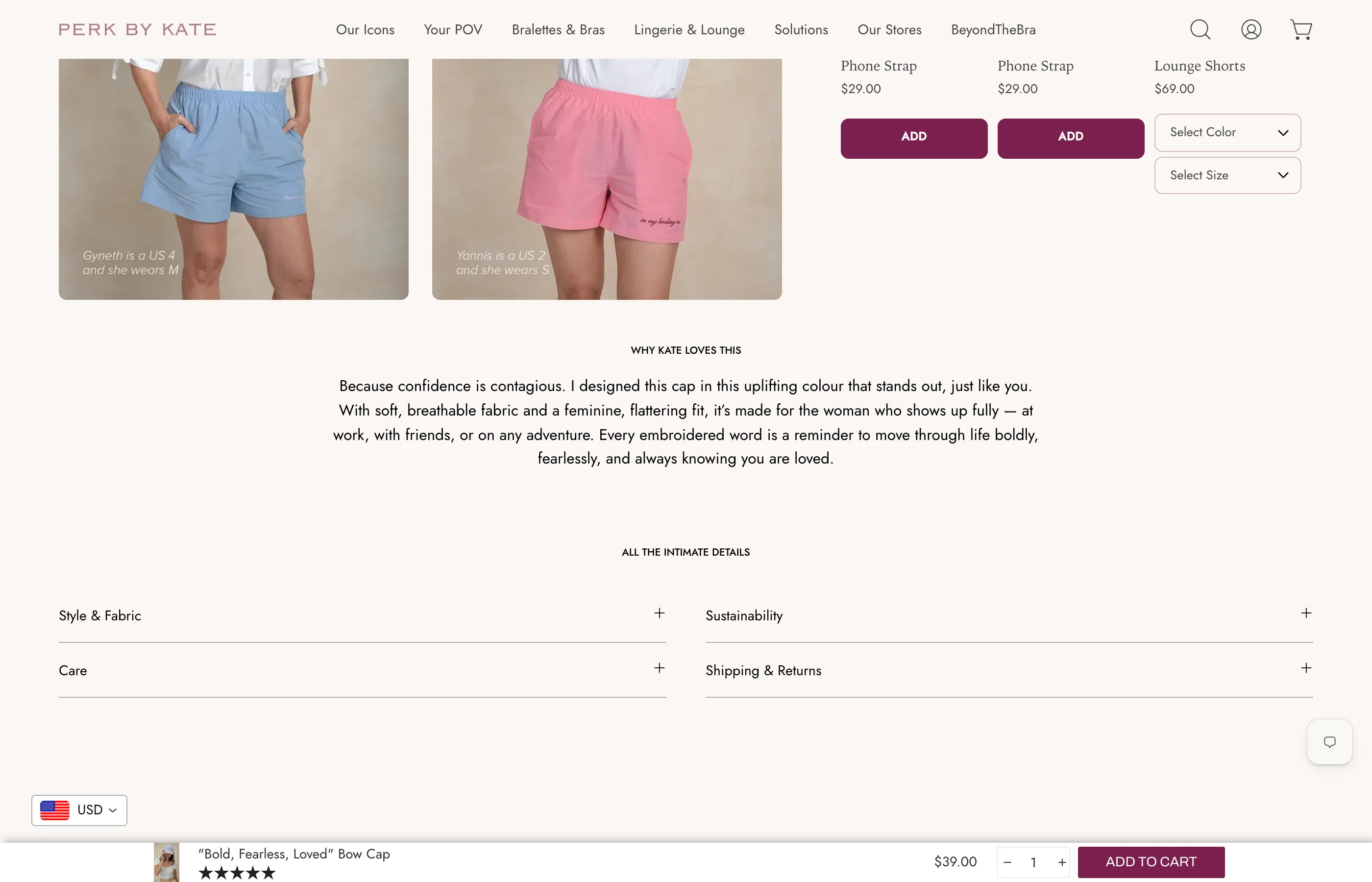 The same product page scrolled down, with the sticky add to cart bar at the bottom