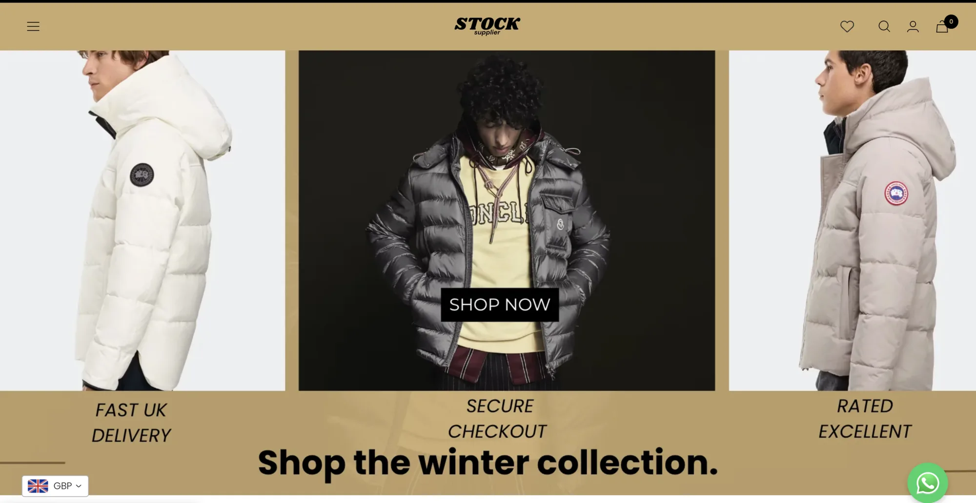 The Stock Supplier homepage, with the search and wishlist icons in the header
