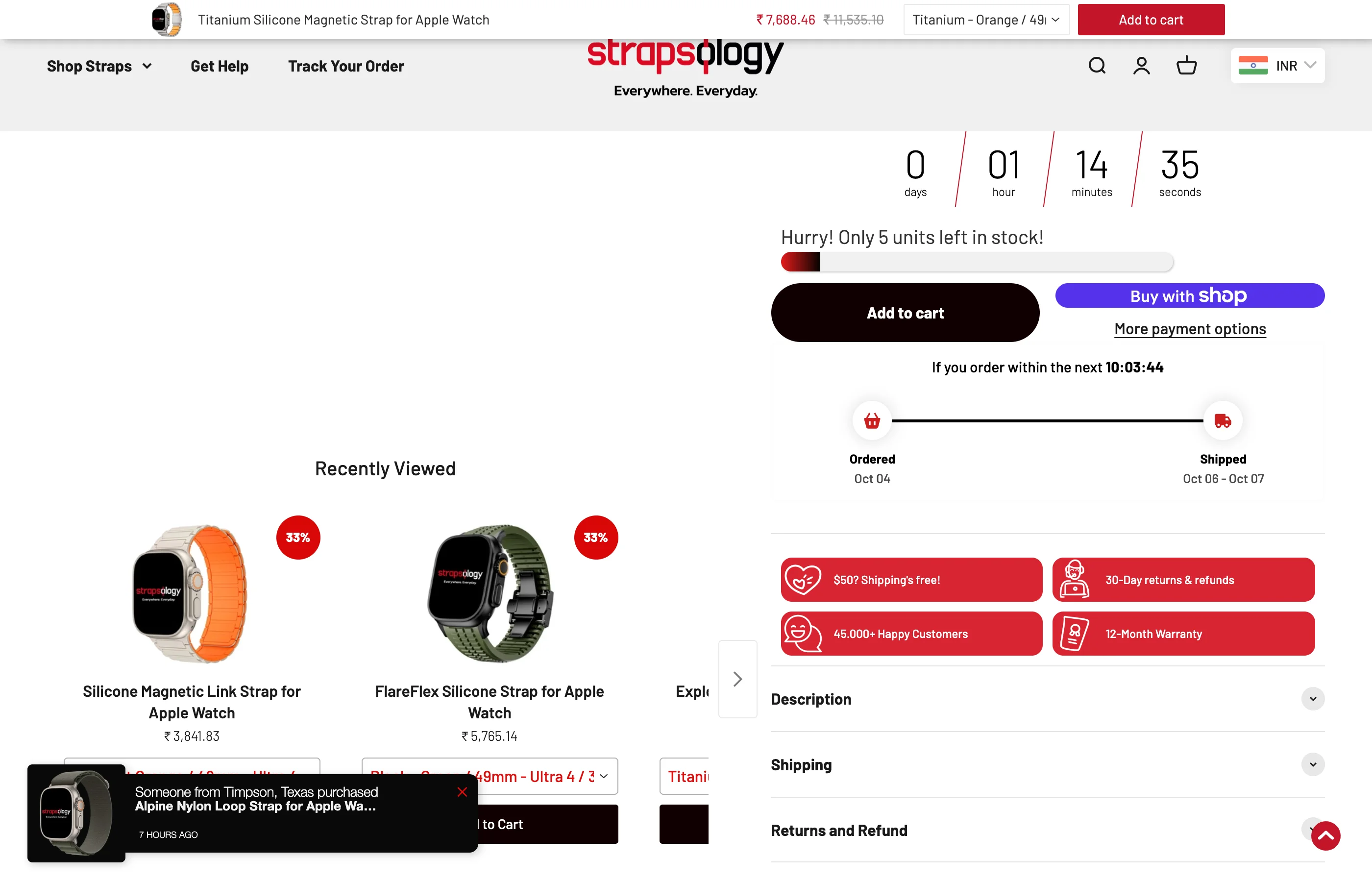 The Recently Viewed carousel on a strapsology.com product page, showing straps the shopper looked at earlier
