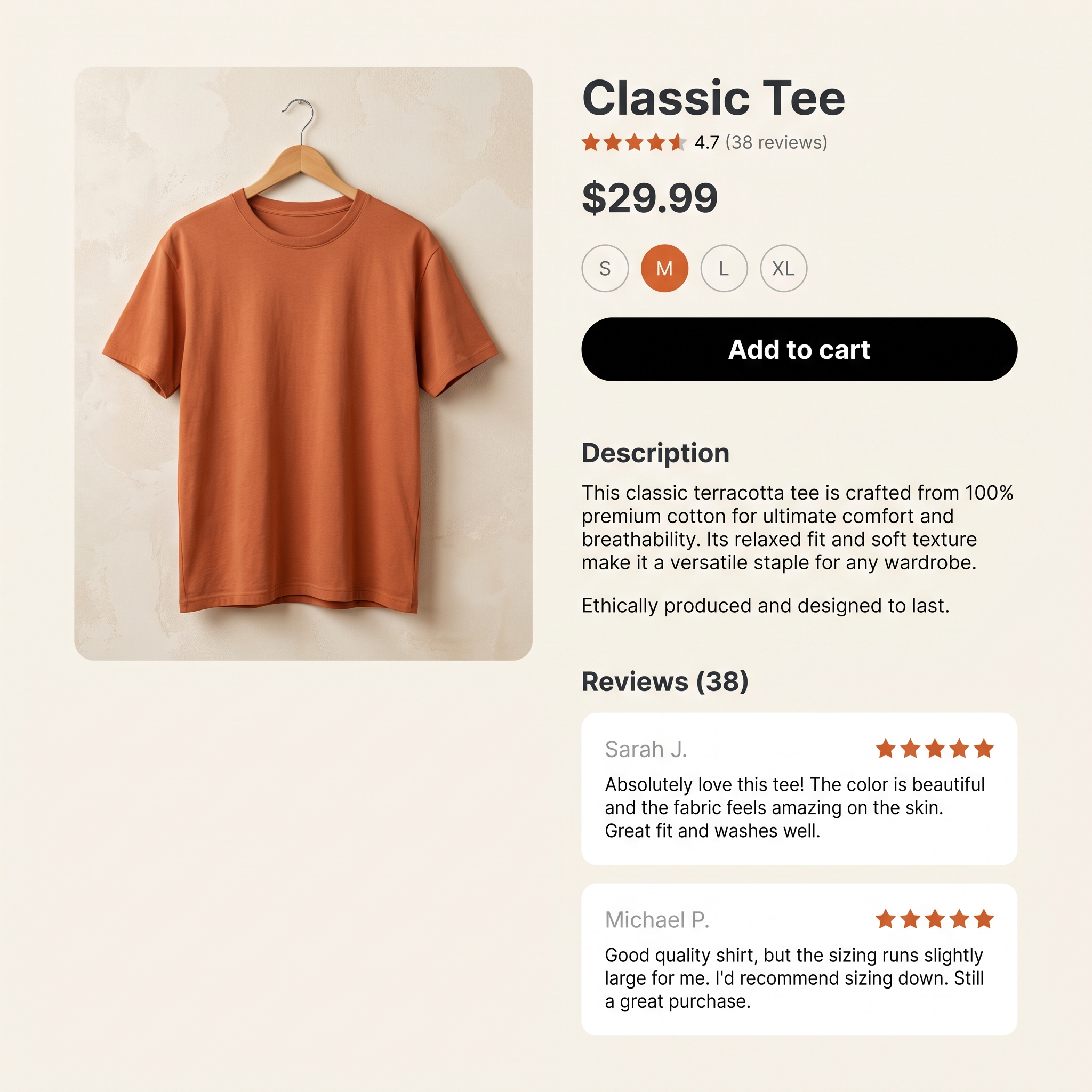 A desktop product page scrolling from the product down to its reviews while the sticky bar stays pinned