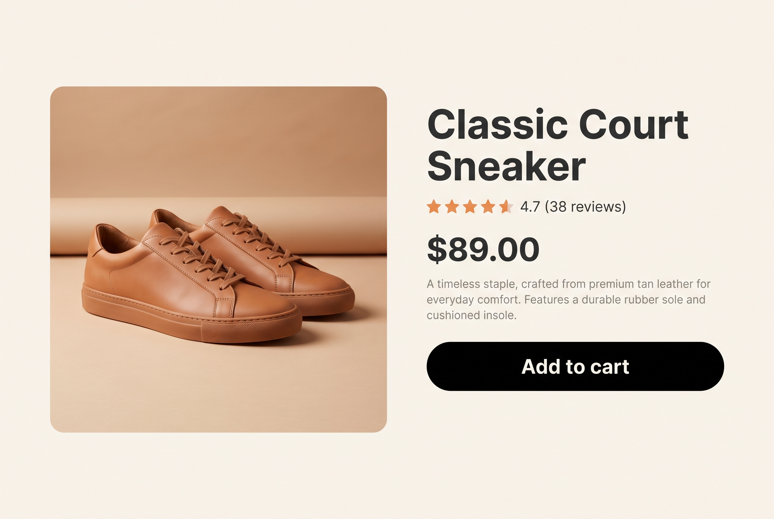 A store product page being replayed: tan sneakers, price and an add-to-cart button